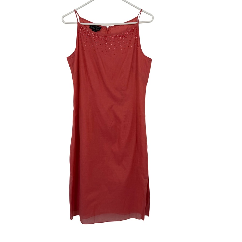 Sigrid Olsen Beaded Shift‎ Dress Womens 6 Coral Excellent Linen Blend Spaghetti